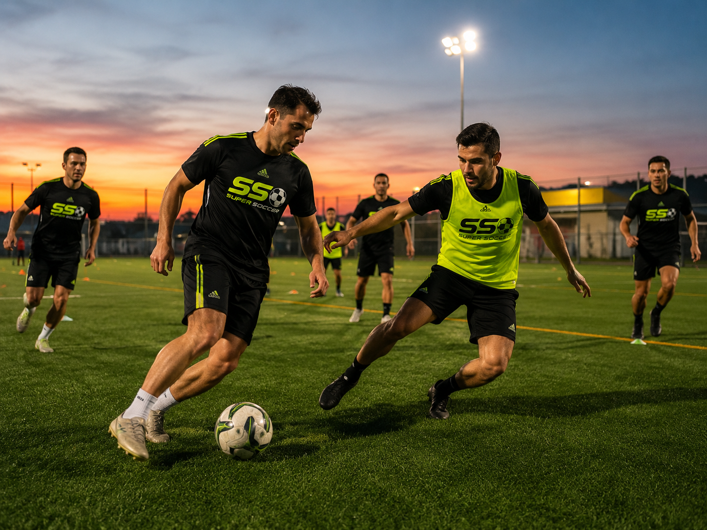 Adult Super Soccer Club players competing one-on-one for the ball under floodlights at sunset