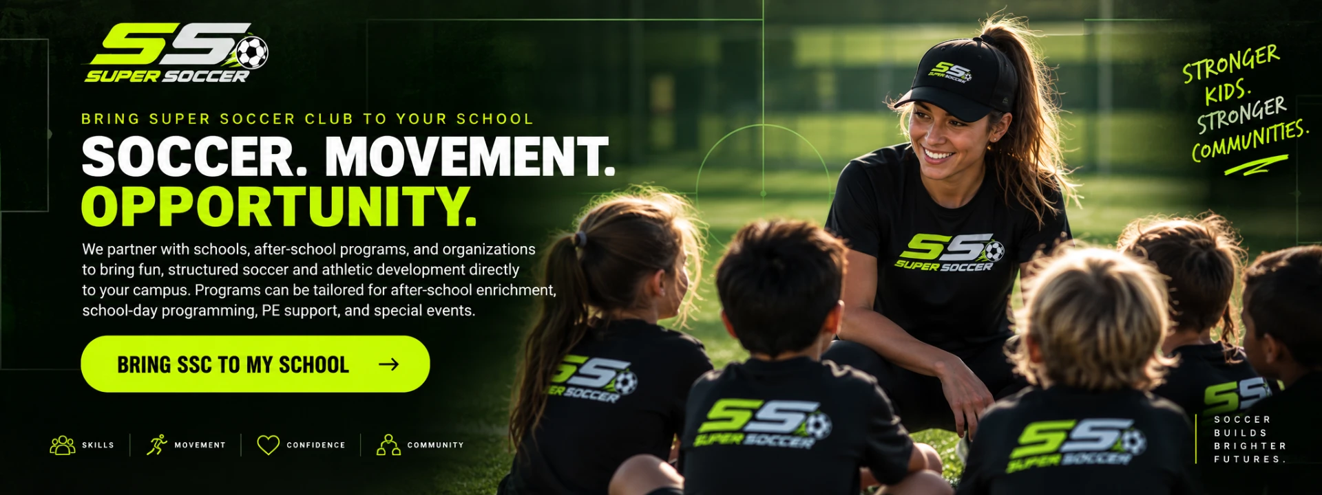 Super Soccer coach leading a group of children on a school field