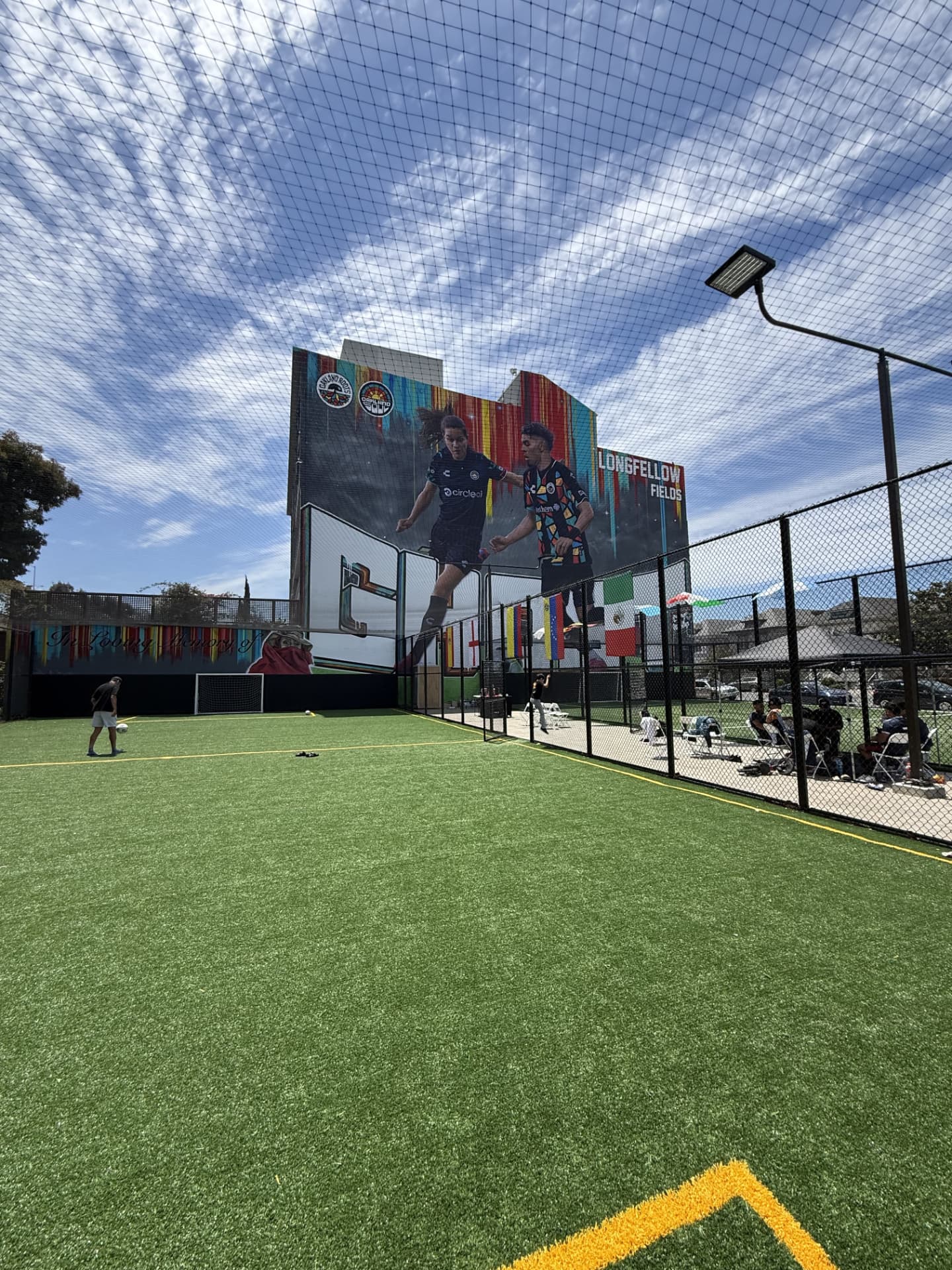 Green turf and yellow field markings at Longfellow Fields beneath the overhead net